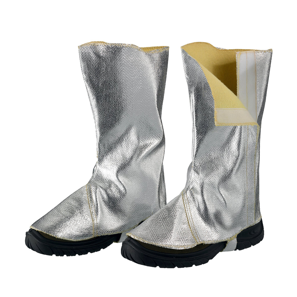 Ghette alluminizzate Hotworks modello HKAL42 in fibra aramidica, progettate per proteggere gambe e calzature dal calore radiante e da schizzi di metallo fuso.