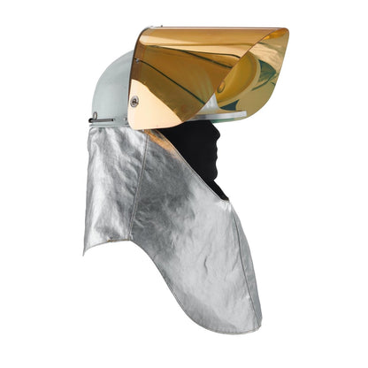 Collare CNTCKA vista laterale ideale per saldatori e operatori in fonderia, realizzato in fibra aramidica e alluminizzata. , Esempio con con visiera in posizione sollevata


